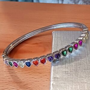 STERLING Silver Bangle Bracelet with Sparkling Colorful Heart Shaped Gemstones
